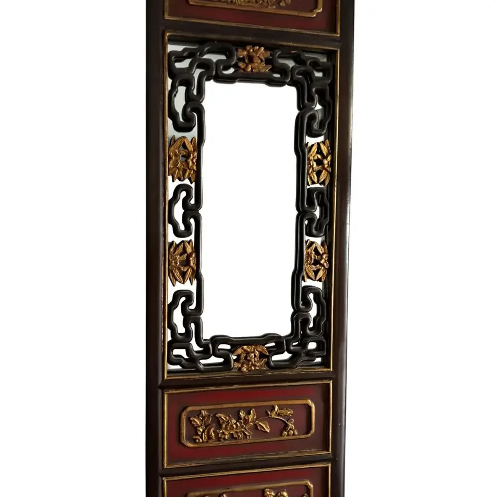 Vintage Chinese Chinoiserie Wall Panel Mirror Black Red Carved 38